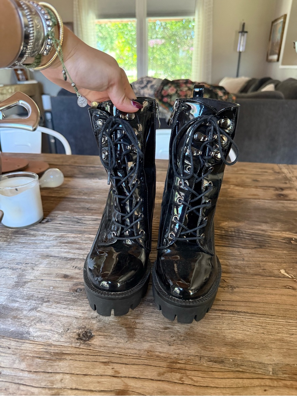 Patent Black Lace-Up Platform Combat Boots for Women